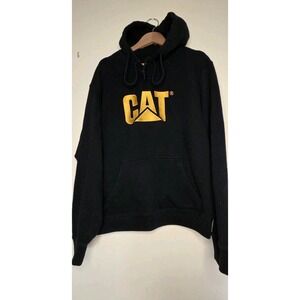 CAT Caterpillar Hoodie Sweatshirt Men Lg Black w/ Yellow Logo Embroidered Heavy